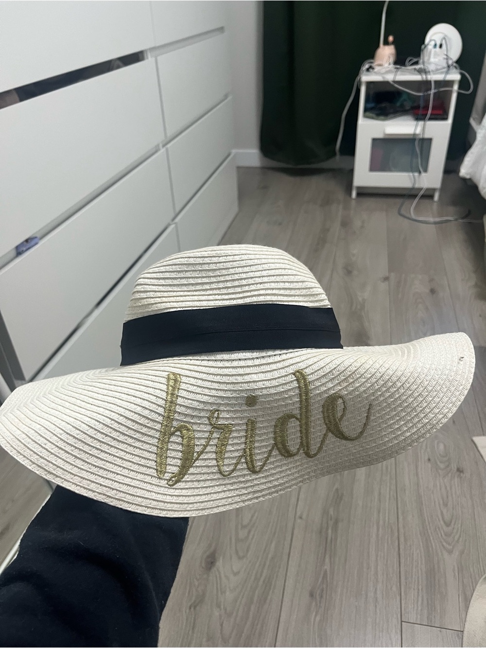 White Straw 'Bride' Sun Hat with Gold Script